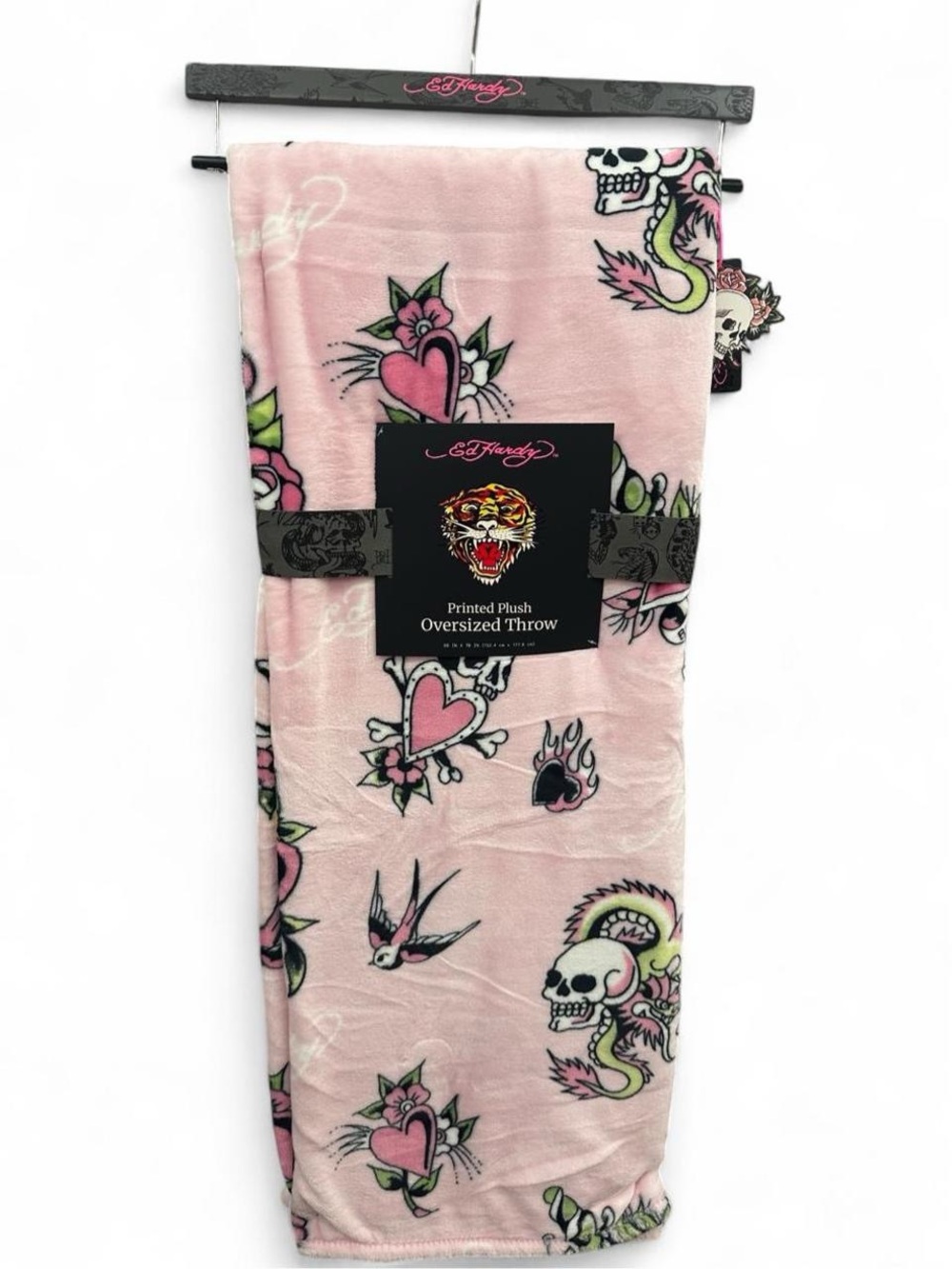 Ed Hardy Pink Tattoo Print Oversized Printed Plush Throw Blanket